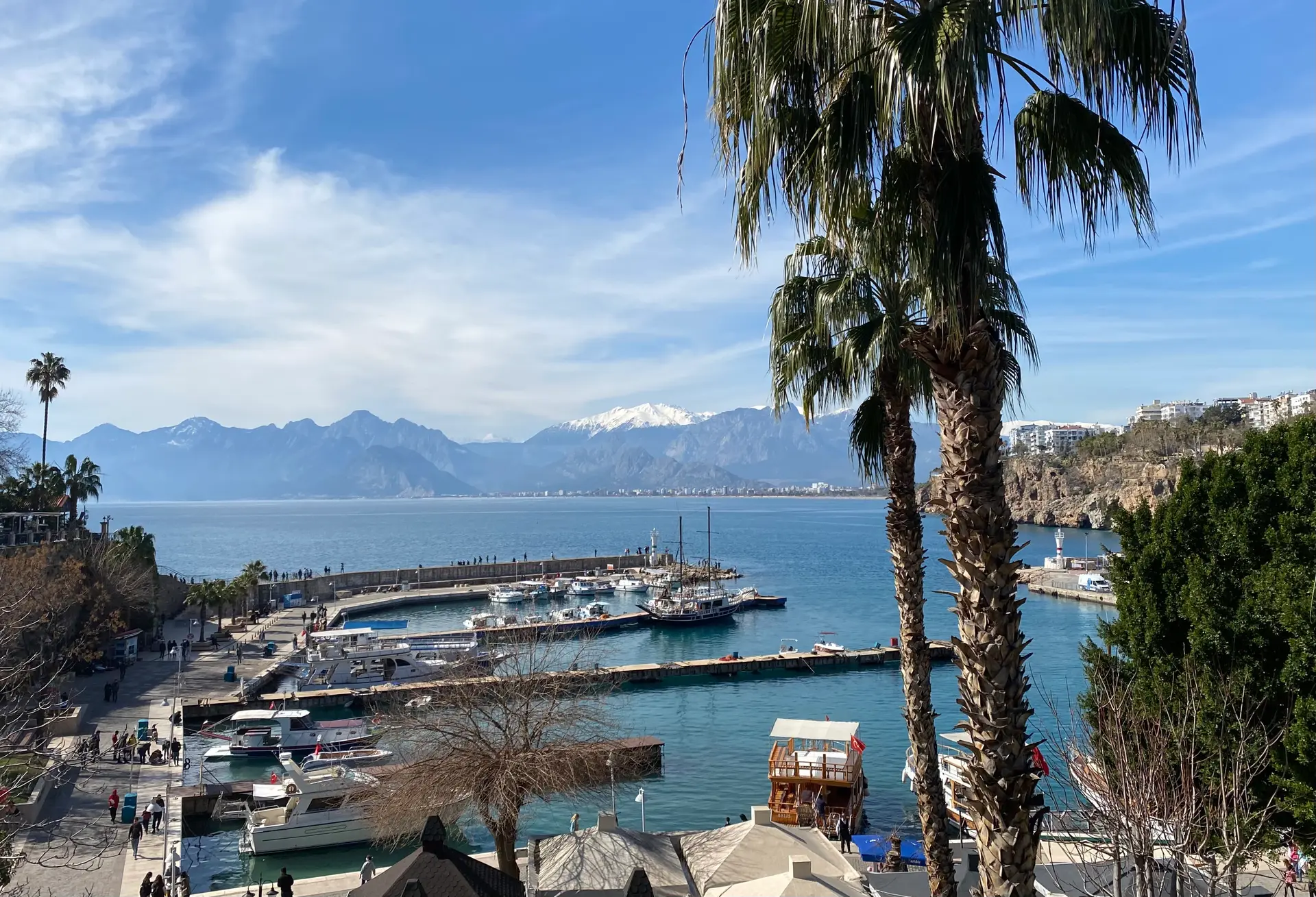 Antalya marina with palm trees and the snow-capped Taurus mountains