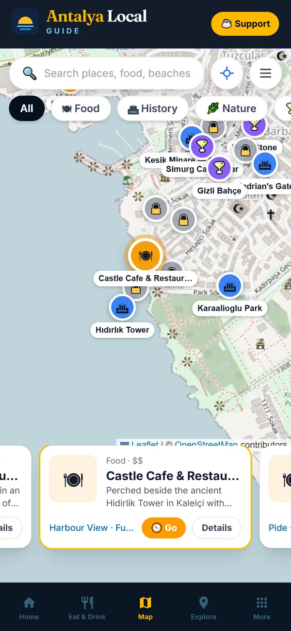 The Antalya Local Guide map on a phone: pins around Kaleiçi and a swipeable place card